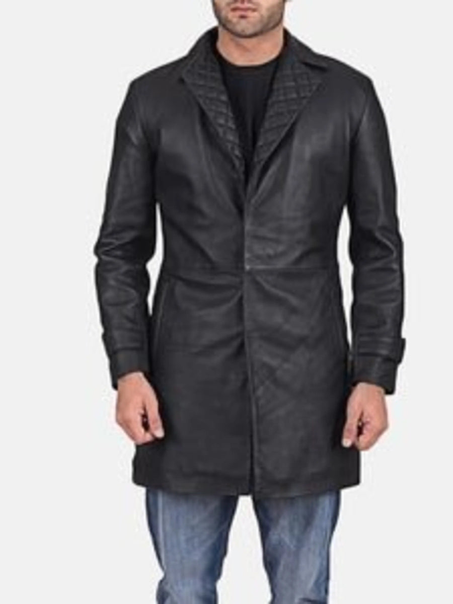 Men's Leather Black Trench Lambskin Leather Jacket Long Trench coat With Quilted Knotch Lapel