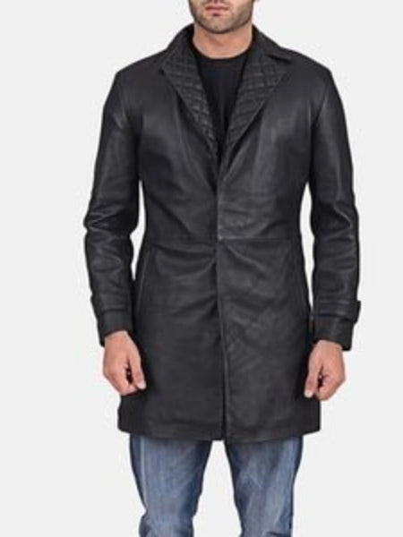 Men's Leather Black Trench Lambskin Leather Jacket Long Trench coat With Quilted Knotch Lapel