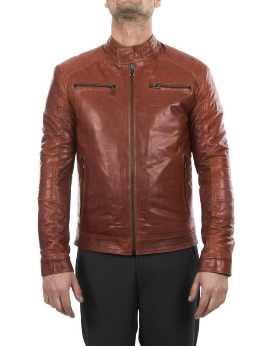 Men lambskin real leather biker jacket slim fit cognac brown antiqued vintage look Jacket