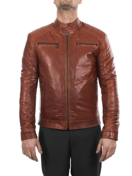 Men lambskin real leather biker jacket slim fit cognac brown antiqued vintage look Jacket