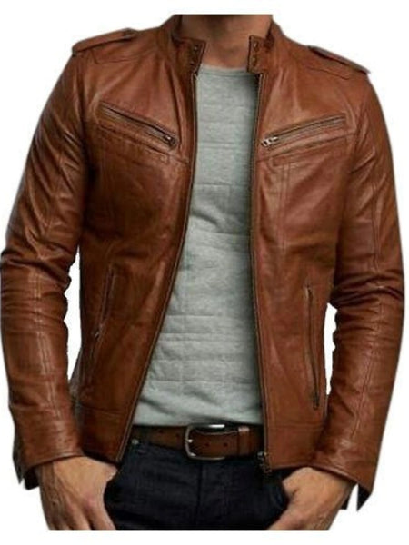 Noora Men Biker Retro Style Brown Leather Jacket — standardized 4K background-preserved hero image