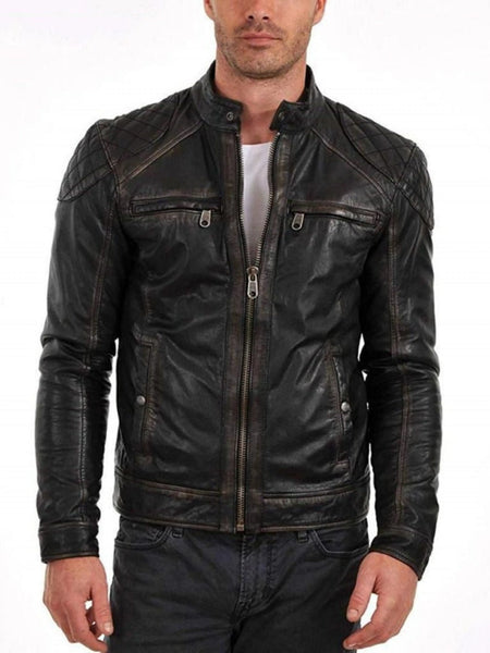 Noora Men’s leather jacket black leather biker jacket, premium quality Customized Handcrafted Biker Racer Retro style SJ301 — standardized 4K background-preserved hero image