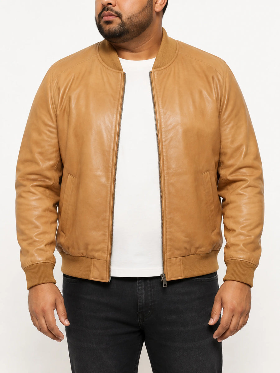 Mens Tan Brown Bomber Biker Leather Jacket With Branded YKK Zipper, Western Style Cafe Racer Bomber