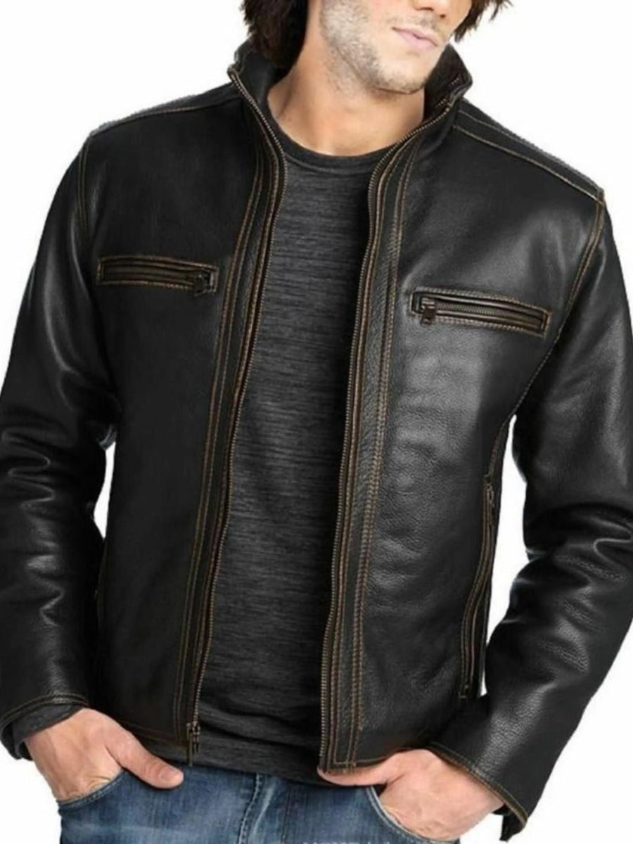 Mens Customized Real Lambskin Vintage Leather Jacket Black Slim fit Motorcycle Biker Racer Retro