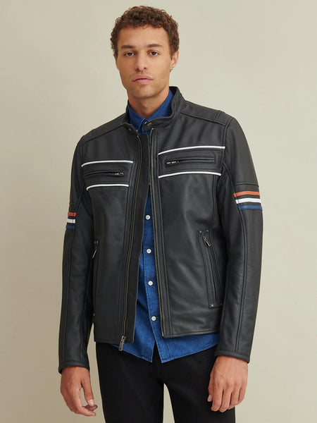 Noora New Men's Black Jacket With Multi Color Strips Lambskin Leather Jacket With Zipper Designer Leather Jacket SU02 — standardized 4K background-preserved hero image