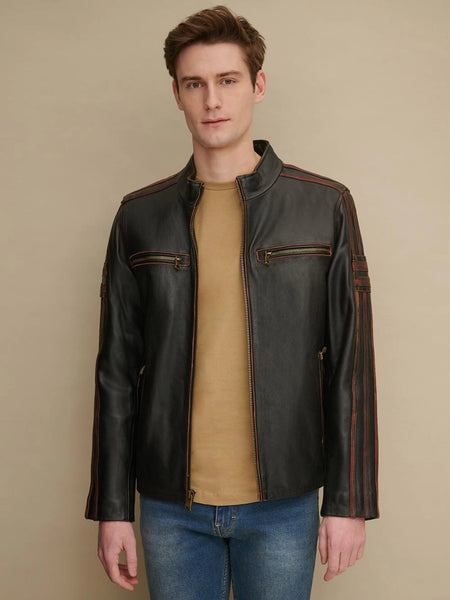 Noora New Men's Lambskin Leather Black Jacket With Red Strips Designer Motorcycle biker Leather Jacket SU06 — standardized 4K background-preserved hero image
