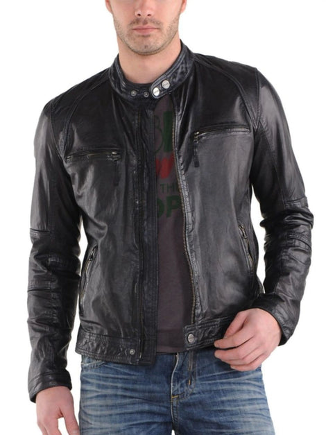 Men's Designer Lambskin Leather Black Biker Jacket With Zipper & Pocket Café Racer Black Jacket