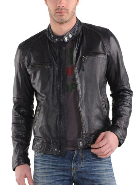 Noora New Men's Latest Designer Lambskin  Leather Black  Biker Jacket With  Zipper & Pocket Café Racer Black Jacket  With Snap SU010 — standardized 4K background-preserved hero image