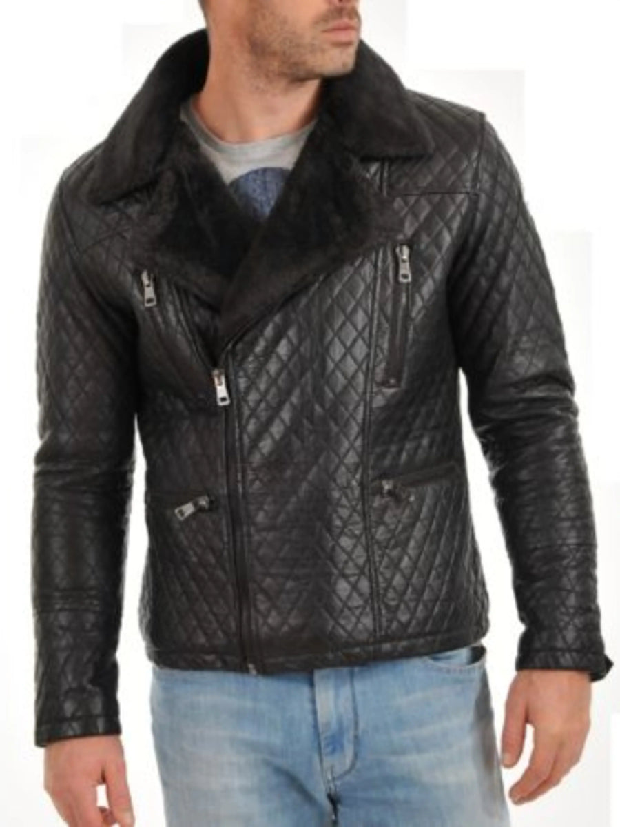 Men’s Quilted Black Leather Jacket With Fur Notched Collar & Zipper & Pocket