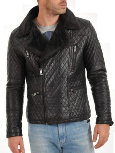 Noora Men’s Quilted Black Leather Jacket With Fur Notched Collar & Zipper & Pocket — standardized 4K background-preserved hero image