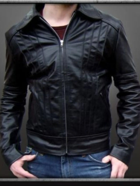 Noora Men’s black leather jacket with collar and detailing — standardized 4K background-preserved hero image