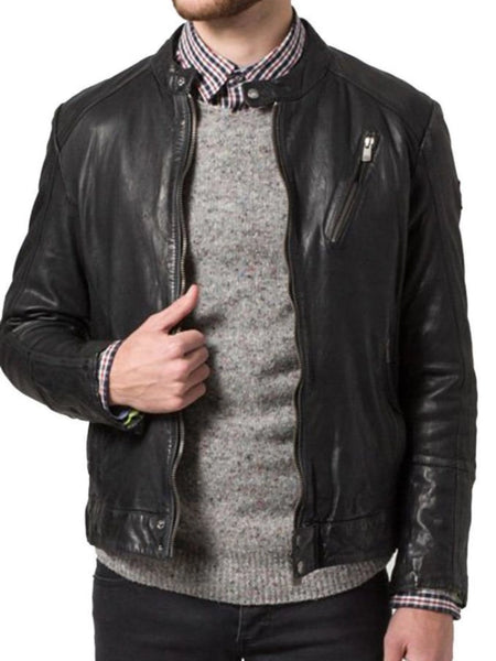 NOORA  Mens Customize Black Leather Biker Jacket With Zipper & Zipped Pocket | Slim Fit Jacket | ST06 — standardized 4K background-preserved hero image