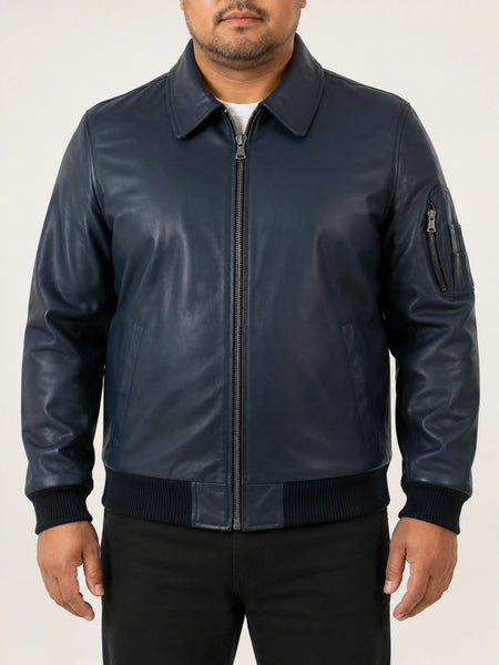 NOORA Mens Lambskin Blue Leather Biker Jacket With Zipper | Pocket On Sleeves | Bomber Jacket | ST0119 — standardized 4K studio hero image