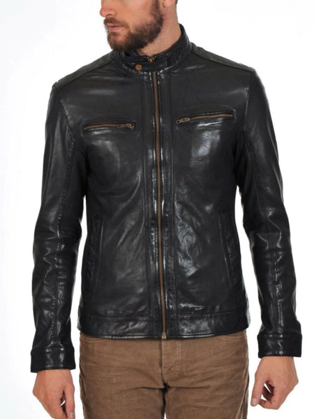 Noora Men’s Lambskin Dark Grey Leather Jacket With Zippers | Casual Biker Jacket — standardized 4K background-preserved hero image