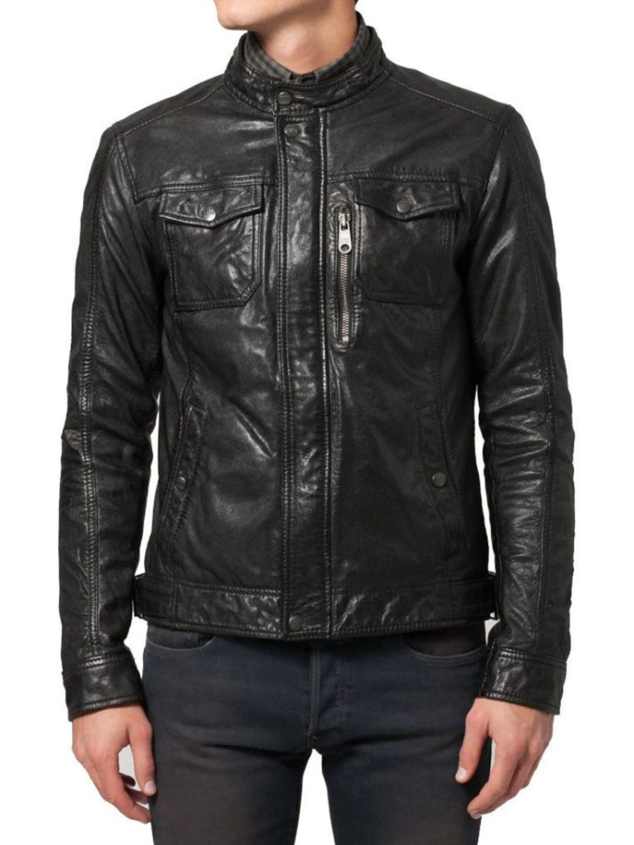 Men’s Fitted Black Leather Jacket With Pockets