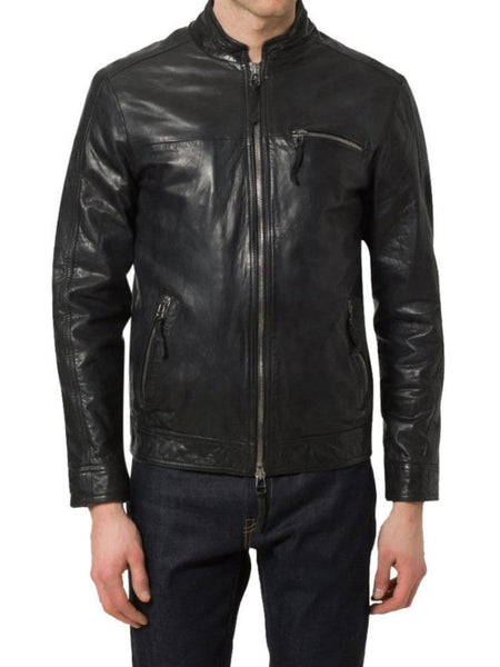 Noora Men’s casual black leather jacket with zipper pockets BS1 — standardized 4K background-preserved hero image