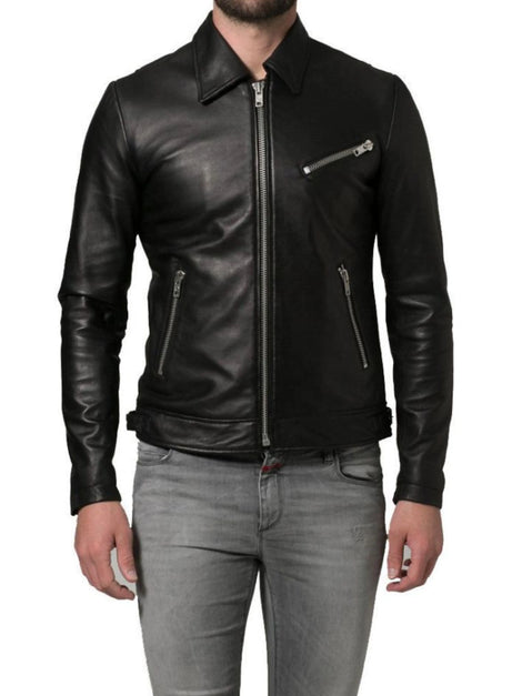 Men’s fitted Black Lambskin Leather Jacket, Real Biker Warm Leather Jacket for Winter