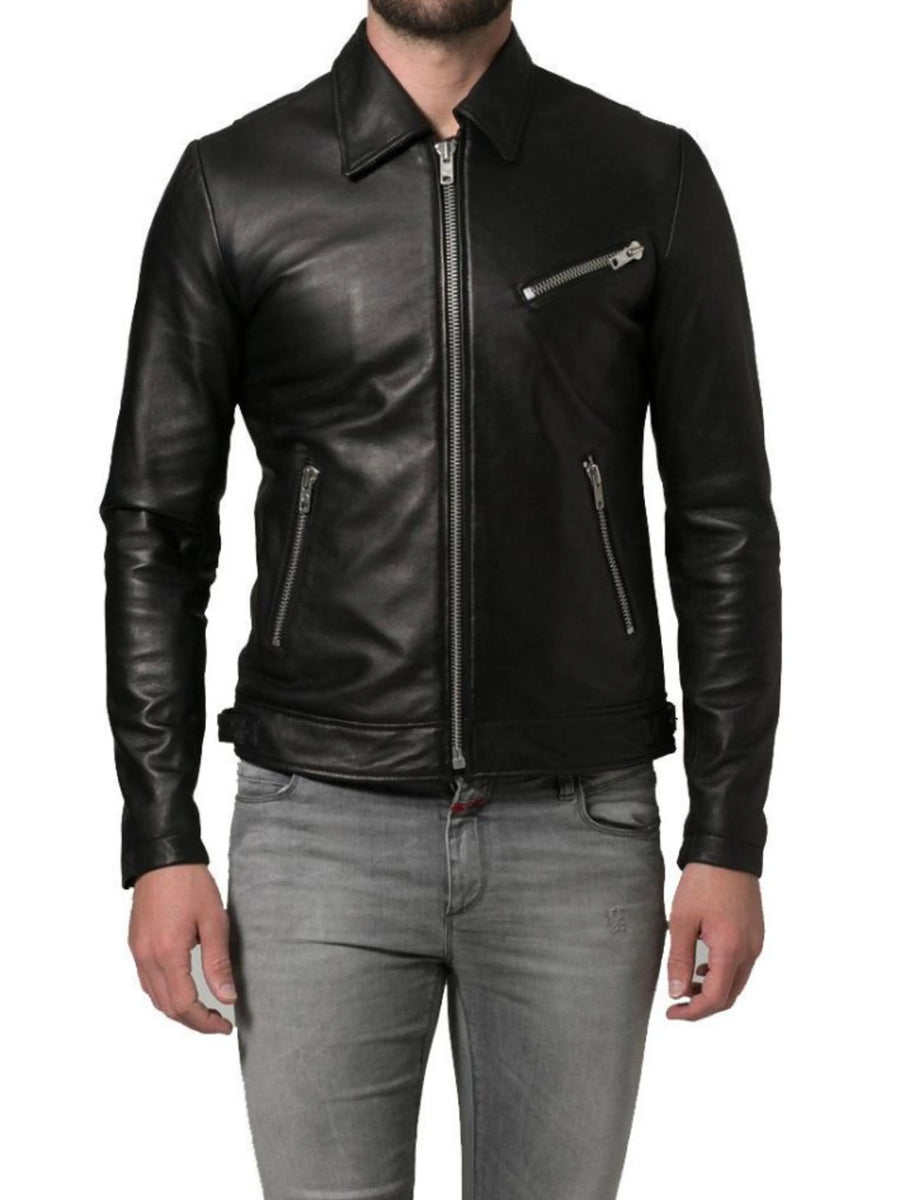 Men’s fitted Black Lambskin Leather Jacket, Real Biker Warm Leather Jacket for Winter