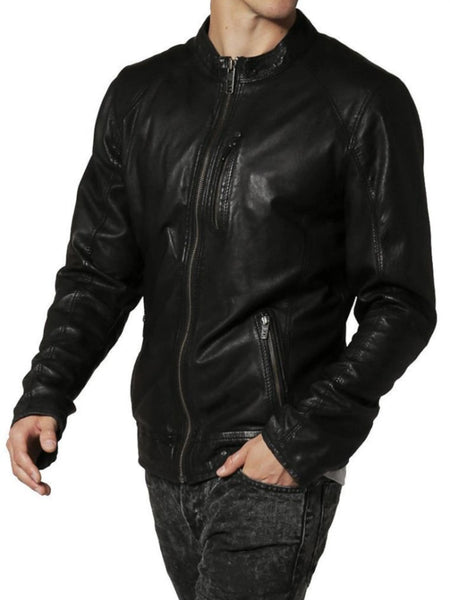 Noora Men’s Fitted Black Leather Jacket with Zipper Detailing, Real Lambskin Black Biker Leather Jacket — standardized 4K background-preserved hero image