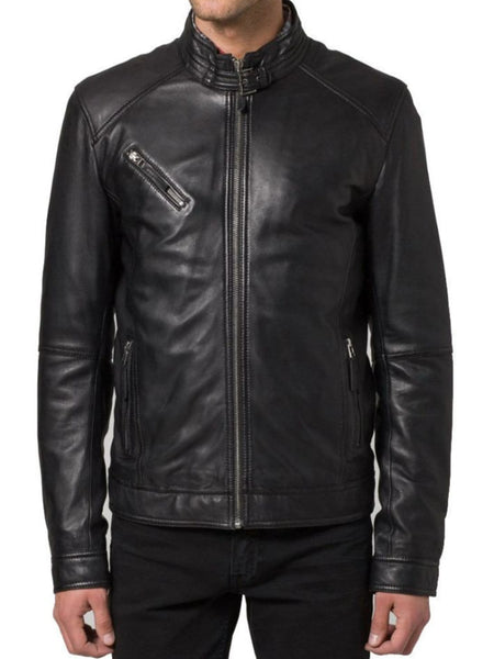 Noora Men's Black Lambskin Leather Jacket Handmade Real Leather Stand Collar Black Biker Jacket For Men — standardized 4K background-preserved hero image