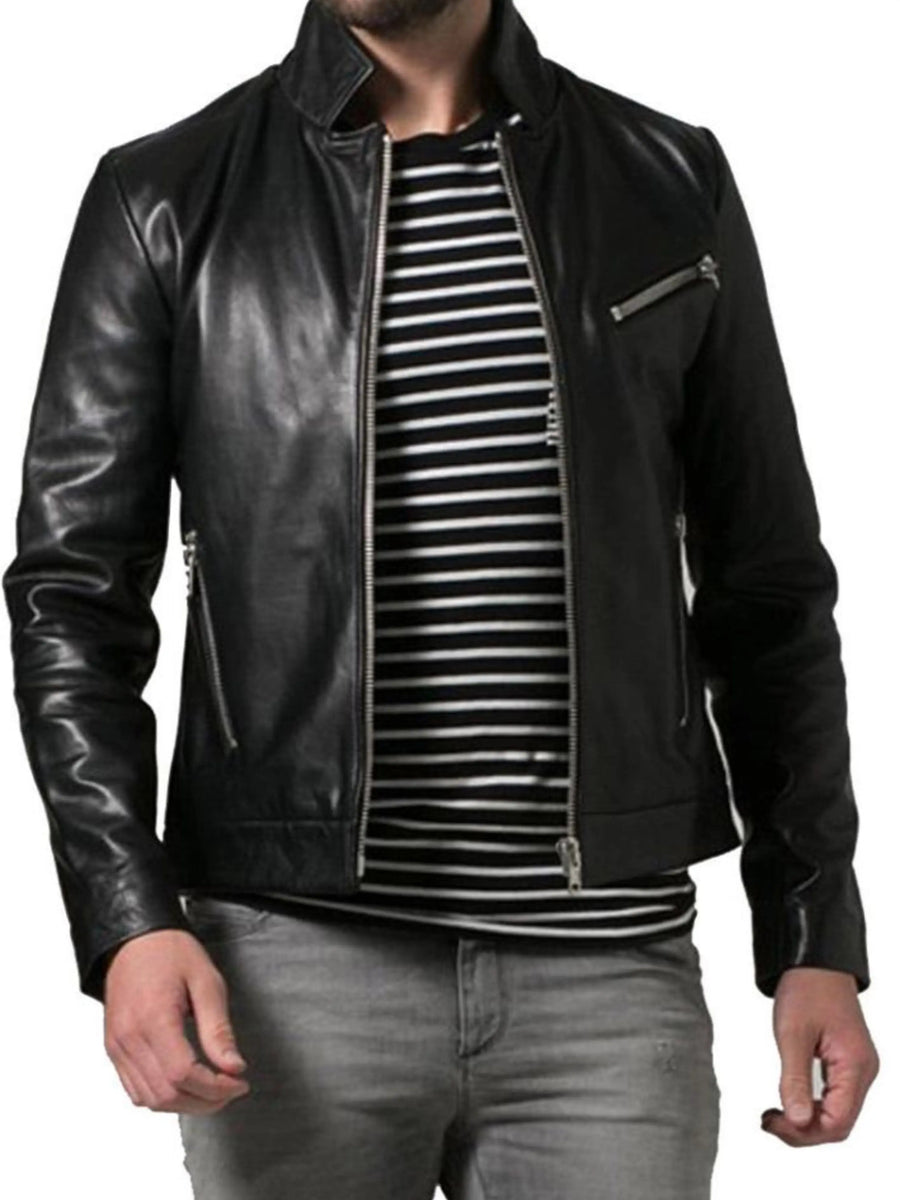 Men’s fitted Black Lambskin Leather Jacket with zipper pockets