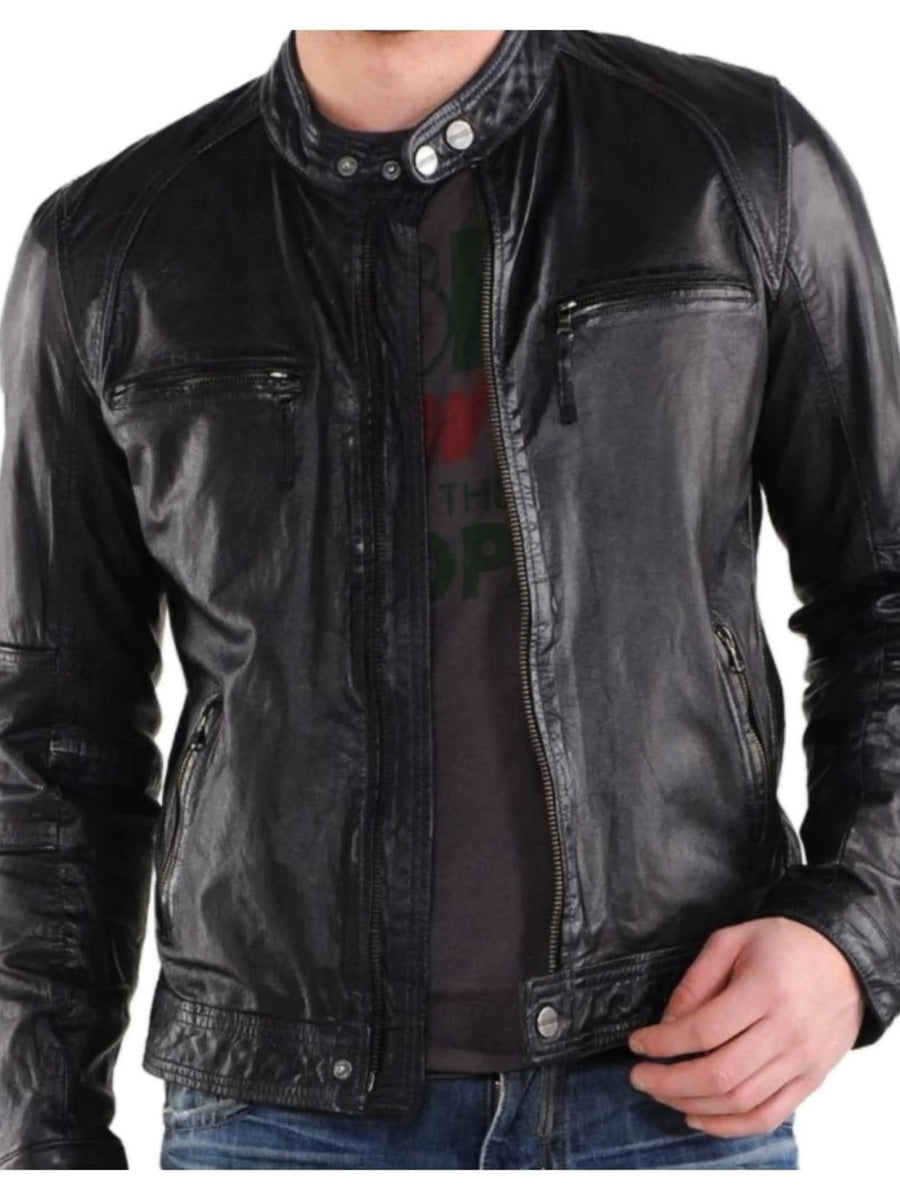 Men's Real Sheepskin Leather Jacket, Autumn and Winter Fashion Warm Motorcycle Leather Jacket