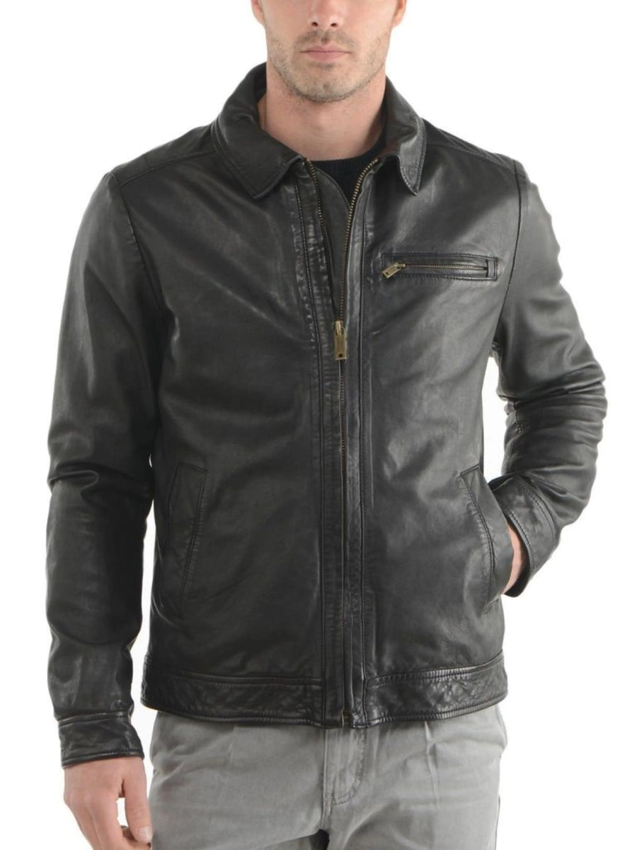 Men's Lambskin Leather Jacket Down Collar with Pockets and Zippers Real Black Jacket Leather