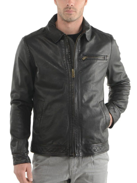Noora Men's Lambskin Leather Jacket Down Collar with Pockets and Zippers Real Black Jacket Leather BS156 — standardized 4K background-preserved hero image