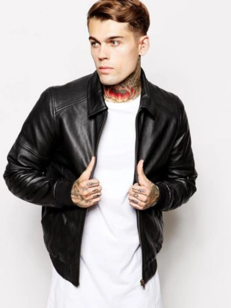 Noora Men’s Black Bomber leather Biker jacket with Shirt Collar JS — standardized 4K background-preserved hero image