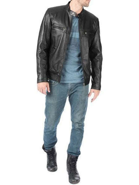 Noora Black Lambskin Leather Jacket for Men's | Stylish Cafe Racer Slim fit Biker Leather Jacket | Gift for him — standardized 4K background-preserved hero image