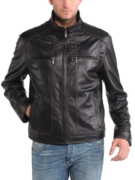 Noora Men’s Black Lambskin Leather Jacket with Stitched Design| Biker Leather Jacket With Band Collar| — standardized 4K background-preserved hero image
