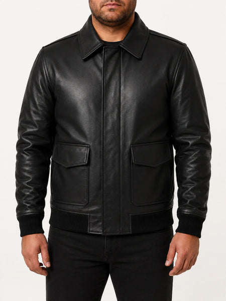 Noora Mens Black Bomber Biker Leather Jacket | Black Lambskin Leather Jacket With Zip Closure |  Black Bomber Leather Jacket SU0123 — standardized 4K studio hero image