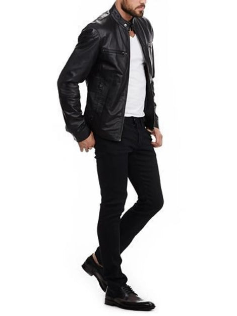 Men’s black leather jacket with front pockets