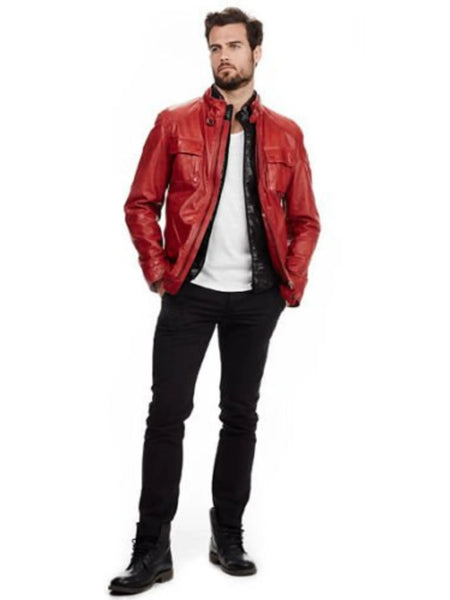 Noora Men's Real Red Lambskin Leather Jacket| Autumn Winter Stand Collar Motorcycle Jacket| Birthday Gift for him — standardized 4K background-preserved hero image