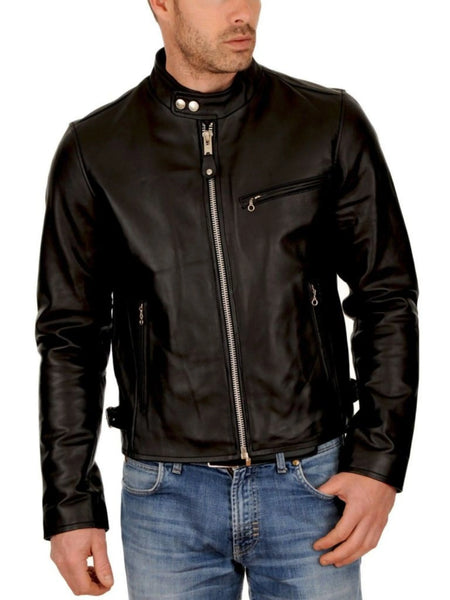 Noora Men's Real Sheepskin Leather Jacket Black, Mens Black Biker Leather Jacket with Chinese Collar, Personalised Gift for him — standardized 4K background-preserved hero image