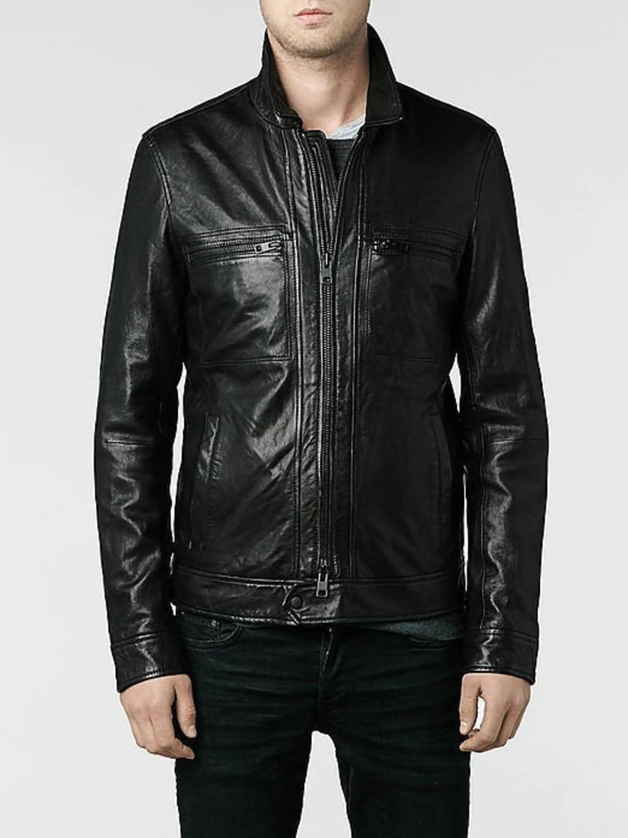 Men’s Lambskin Leather Jacket Black, Classic Motorcycle Biker Fitted Leather Jacket with Band Collar