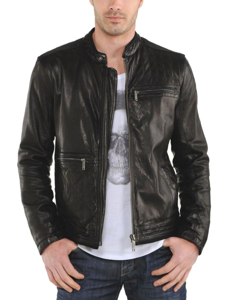 Autumn Winter Men's Stand Collar Zipper Lambskin Leather Motorcycle Slim Fit Biker Jacket Black