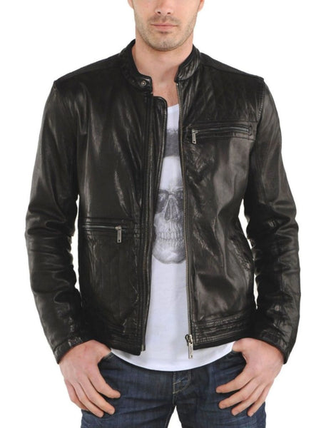 Noora Autumn Winter Men's Stand Collar Zipper Lambskin Leather Motorcycle Slim Fit Biker Jacket Black — standardized 4K background-preserved hero image