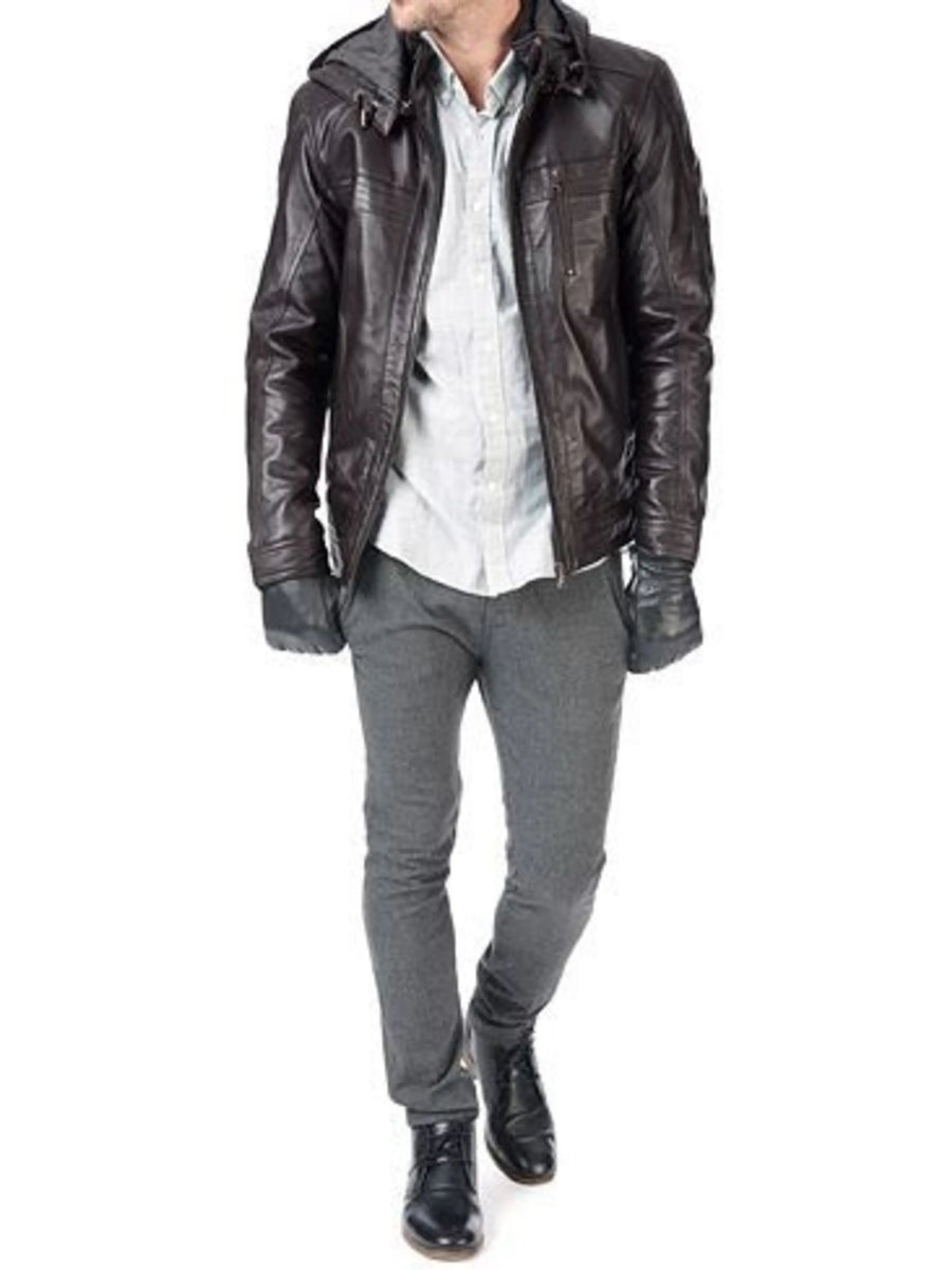 Men’s Real Lambskin Dark Brown Leather Jacket with Hoodie, Stylish Club & Party Wear Leather Jacket
