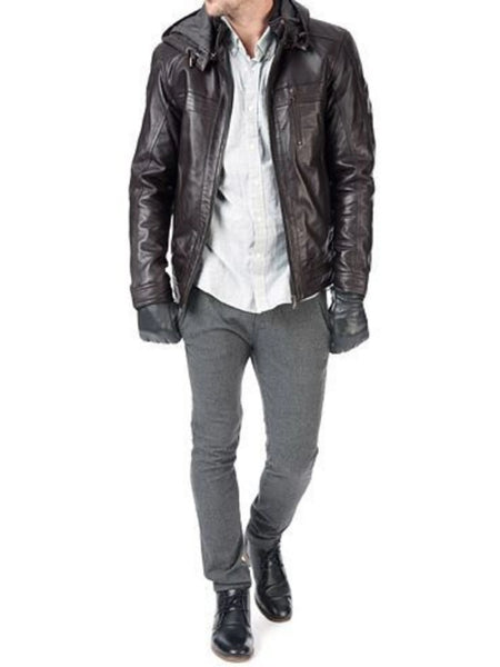 Noora Men’s  Genuine Lambskin Dark Brown Leather Jacket with HOODIE | Stylish Club & Party Wear Leather Jacket for Men — standardized 4K background-preserved hero image
