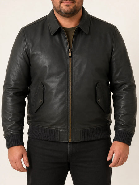 Noora New Mens Real Lambskin Leather Bomber Jacket With Branded YKK Zip Closure |  Black Biker Racer Bomber Leather Jacket SU0120 — standardized 4K studio hero image