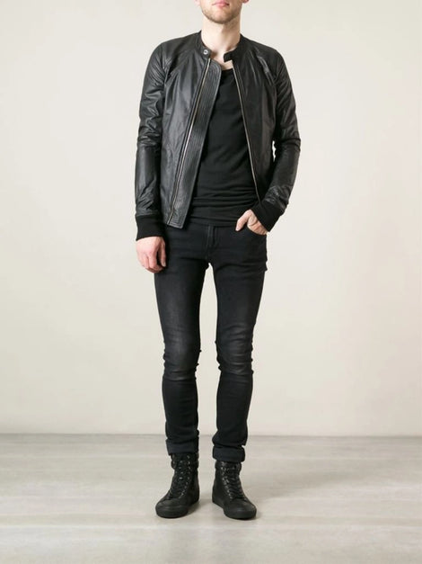 Men's Real Lambskin Leather Bomber Jacket Biker Lightweight Leather Outwear Black