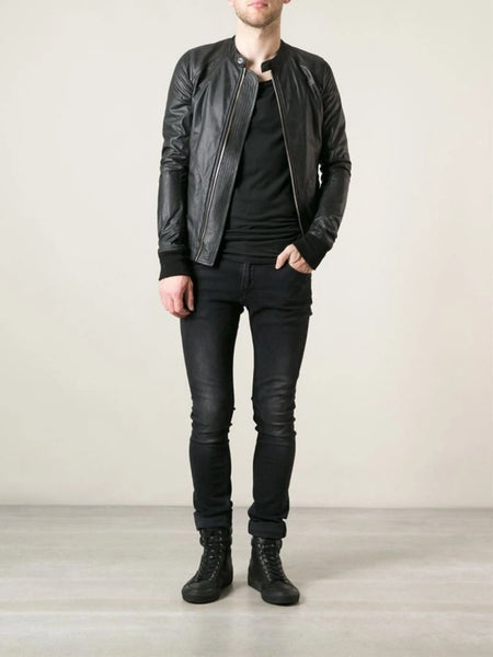 Noora Men's Genuine Lambskin Leather Bomber Jacket Biker Lightweight Leather Outwear Black — standardized 4K background-preserved hero image
