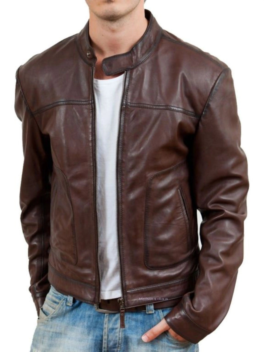 Men’s simple brown biker jacket, real leather jacket