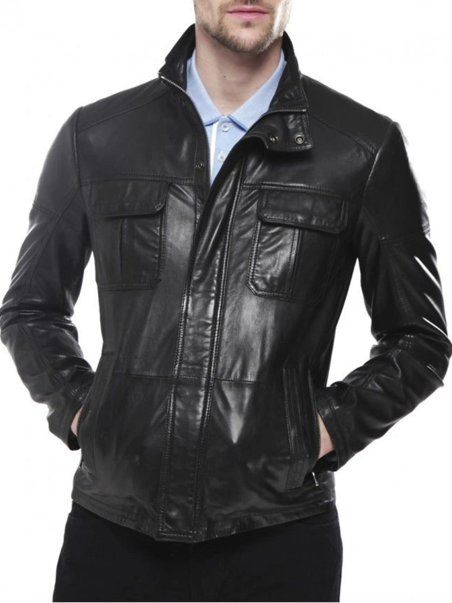 Men’s Real Lambskin Black Leather Jacket with Front pocket, Stylish Motorcycle Leather Jacket
