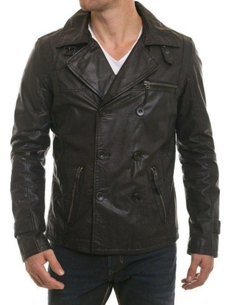 Noora Men's Black Notched collar leather jacket With Belted Designer Button With Zipper Pocket Biker Rider Jacket   SU015 — standardized 4K background-preserved hero image