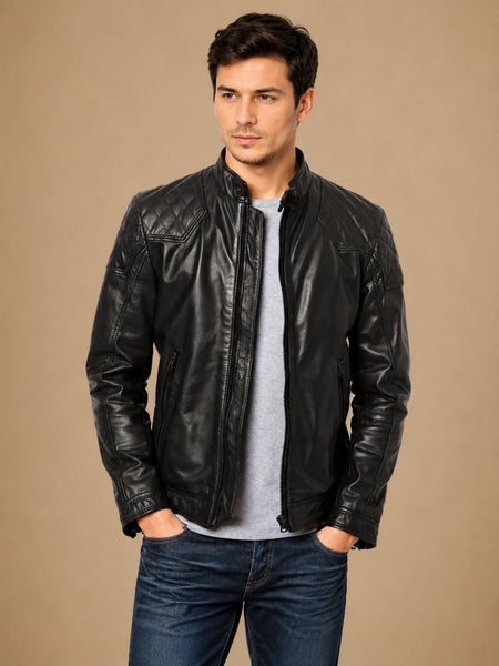 Men’s black leather jacket with quilted design — standardized 4K background-preserved hero image