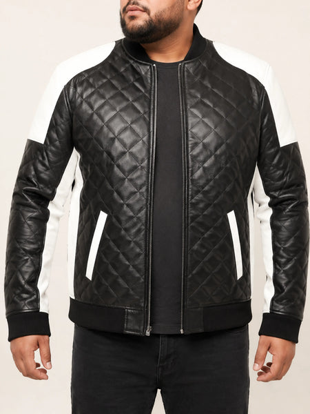 Noora Mens Real Lambskin Leather Black & White Quilted Biker Leather Jacket |Color Block Jacket| SU0117 — standardized 4K studio hero image