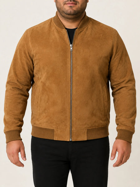 NOORA Mens  Lambskin Vintage Distressed Brown Suede Biker Jacket  With Zipper & Pocket | Mens Bomber Jacket | ST0132 — standardized 4K studio hero image