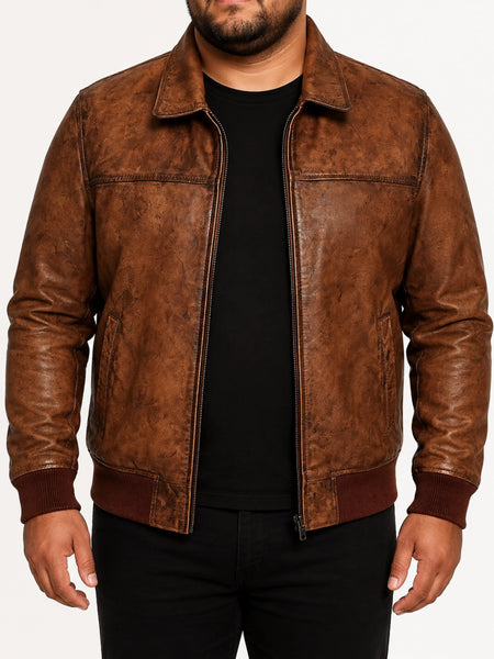 Noora Mens  Distressed Brown Bomber Leather Jacket| Biker Rider Leather Jacket SU131 — standardized 4K studio hero image